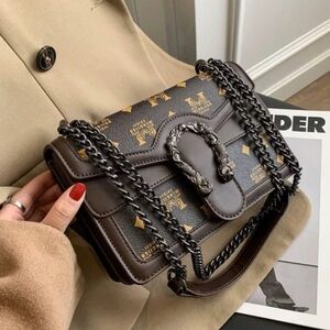 Designer-Inspired Brown Leather Shoulder Bag with Chain Strap